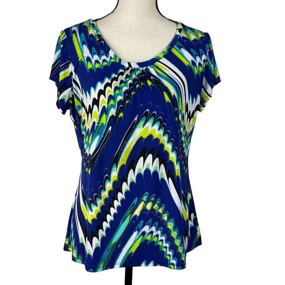 Worthington Large Top Abstract Cap Sleeves Stretch Scoop Neck Lightweight Multi - Picture 1 of 7